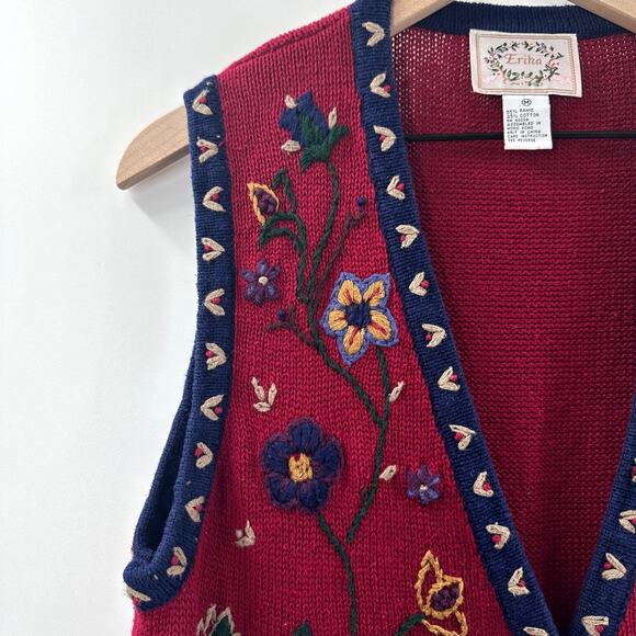 Vintage Erika Floral Embroidered Knit Sweater Vest in Red Navy Size Medium - Picture 5 of 11